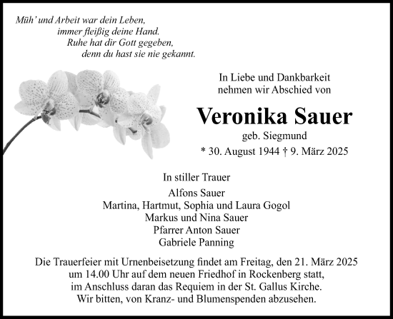 Traueranzeige von Veronika Sauer von Wetterauer Zeitung, Butzbacher Zeitung