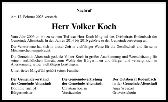 Traueranzeige von Volker Koch von Kreis-Anzeiger