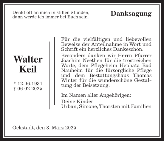 Traueranzeige von Walter Keil von Wetterauer Zeitung