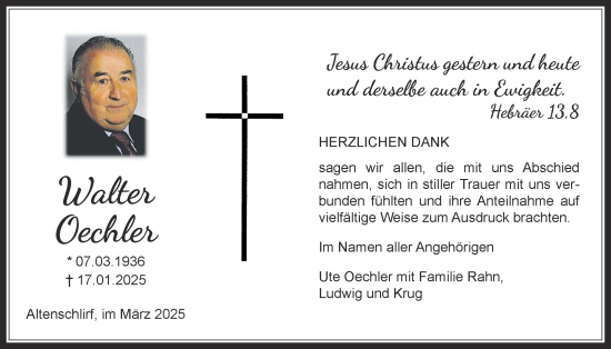 Traueranzeige von Walter Oechler von Lauterbacher Anzeiger