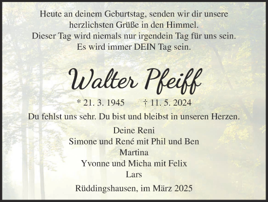 Traueranzeige von Walter Pfeiff von Giessener Allgemeine, Alsfelder Allgemeine
