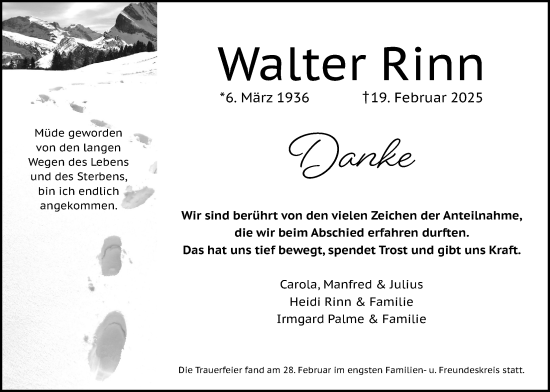 Traueranzeige von Walter Rinn von Giessener Allgemeine, Alsfelder Allgemeine, Giessener Anzeiger