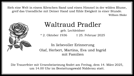 Traueranzeige von Waltraud Pradler von Kreis-Anzeiger