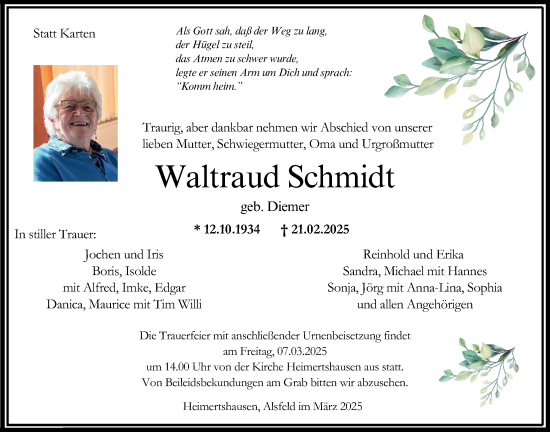 Traueranzeige von Waltraud Schmidt von Oberhessische Zeitung