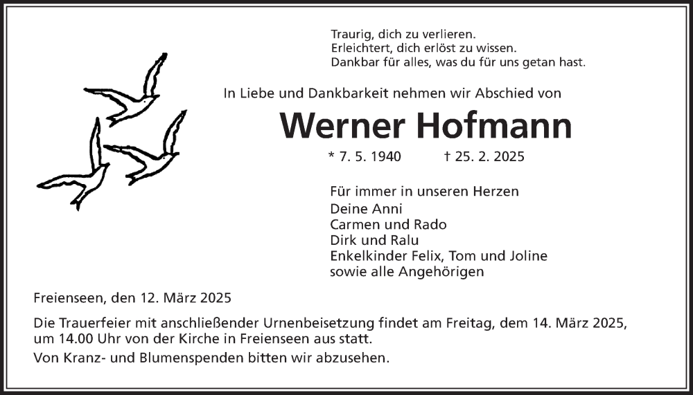  Traueranzeige für Werner Hofmann vom 12.03.2025 aus Laubacher Anzeiger