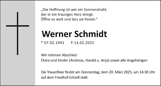 Traueranzeige von Werner Schmidt von Wetterauer Zeitung