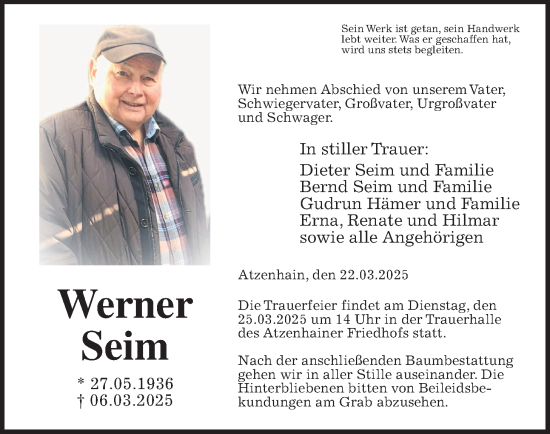 Traueranzeige von Werner Seim von Giessener Allgemeine, Alsfelder Allgemeine