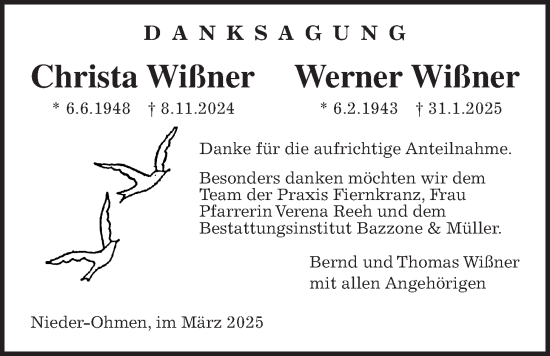 Traueranzeige von Werner Wißner von Mücker Stimme