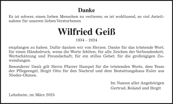 Traueranzeige von Wilfried Geiß von Giessener Allgemeine, Alsfelder Allgemeine