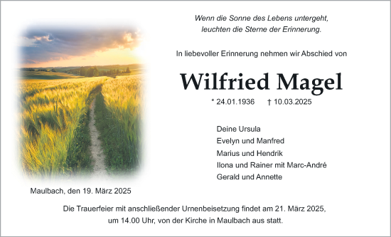 Traueranzeige von Wilfried Magel von Oberhessische Zeitung