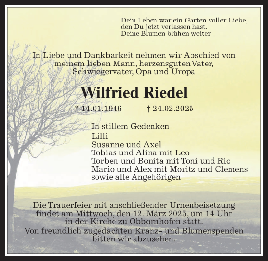 Traueranzeige von Wilfried Riedel von Licher Wochenblatt