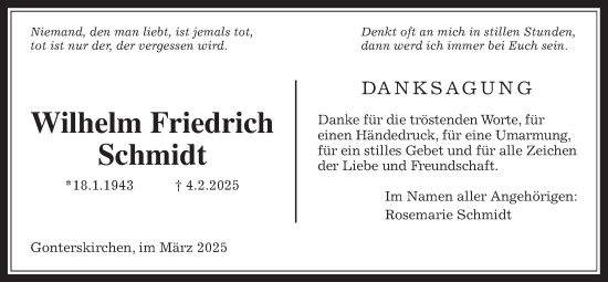 Traueranzeige von Wilhelm Friedrich Schmidt von Giessener Allgemeine, Alsfelder Allgemeine, Laubacher Anzeiger