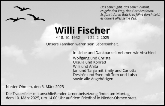 Traueranzeige von Willi Fischer von Giessener Allgemeine, Alsfelder Allgemeine, Mücker Stimme