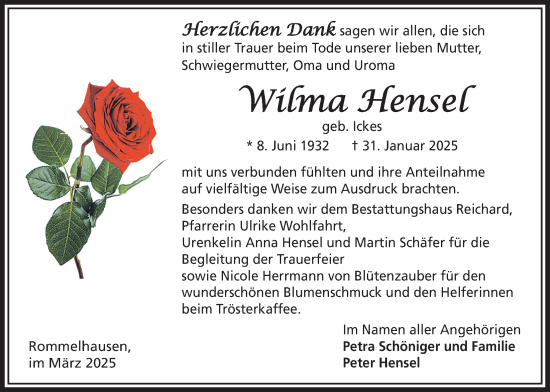 Traueranzeige von Wilma Hensel von Kreis-Anzeiger