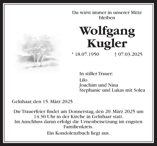 Traueranzeige von Wolfgang Kugler von Kreis-Anzeiger
