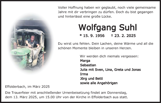 Traueranzeige von Wolfgang Suhl von Kreis-Anzeiger