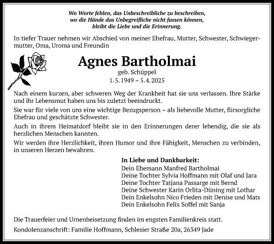 Traueranzeige von Agnes Bartholmai von Licher Wochenblatt