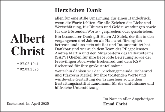 Traueranzeige von Albert Christ von Kreis-Anzeiger