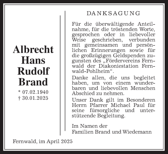 Traueranzeige von Albrecht Hans Rudolf Brand von Giessener Anzeiger, Giessener Allgemeine, Alsfelder Allgemeine