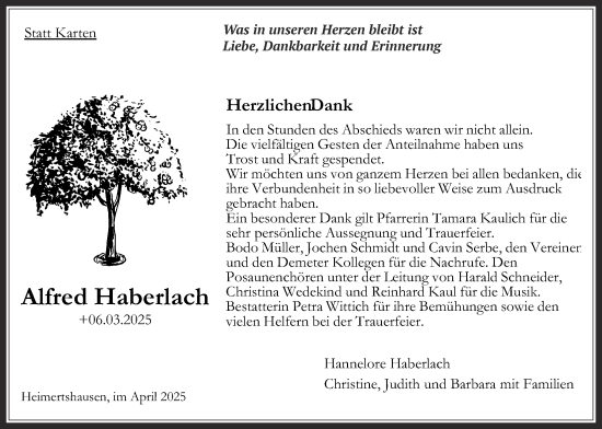 Traueranzeige von Alfred Haberlach von Oberhessische Zeitung, 