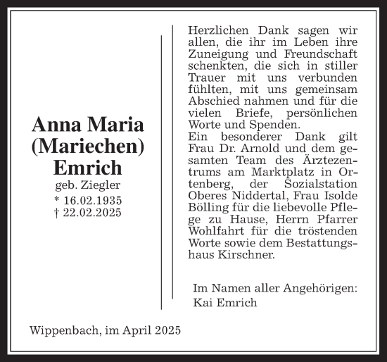 Traueranzeige von Anna Maria Emrich von Kreis-Anzeiger