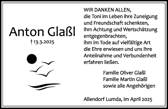 Traueranzeige von Anton Glaßl von Allendorfer Mitteilungen, Giessener Anzeiger