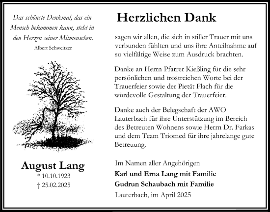 Traueranzeige von August Lang von Lauterbacher Anzeiger
