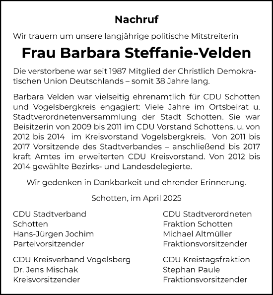 Traueranzeige von Barbara Steffanie-Velden von Kreis-Anzeiger