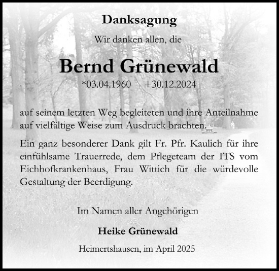 Traueranzeige von Bernd Grünewald von Oberhessische Zeitung