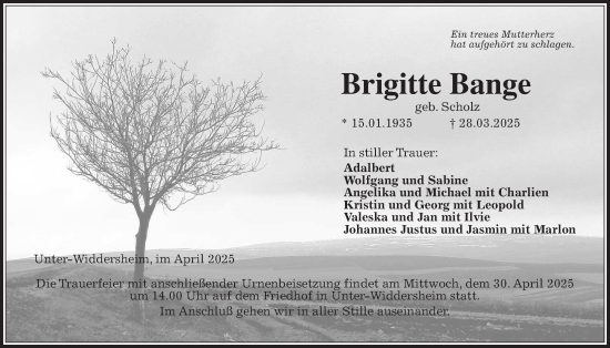 Traueranzeige von Brigitte Bange von Kreis-Anzeiger, Kreis-Anzeiger