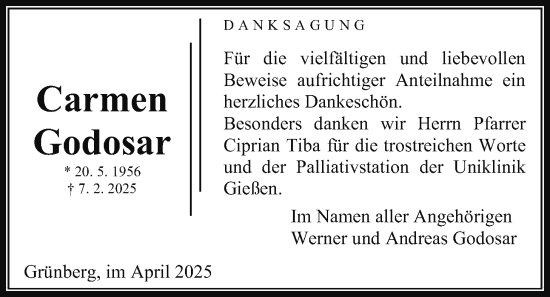 Traueranzeige von Carmen Godosar von Giessener Allgemeine, Alsfelder Allgemeine