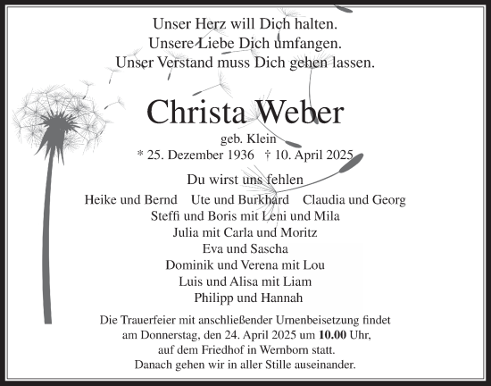 Traueranzeige von Christa Weber von Usinger Anzeigenblatt