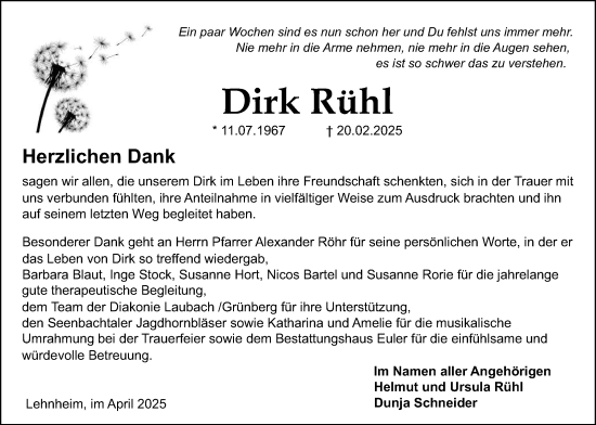 Traueranzeige von Dirk Rühl von Giessener Allgemeine, Alsfelder Allgemeine