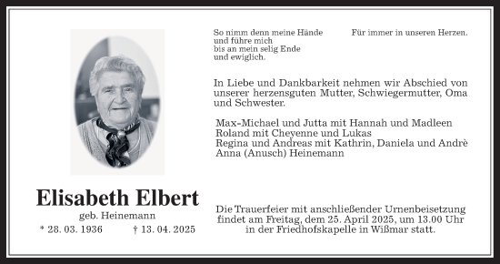 Traueranzeige von Elisabeth Elbert von Giessener Anzeiger, Giessener Allgemeine, Alsfelder Allgemeine