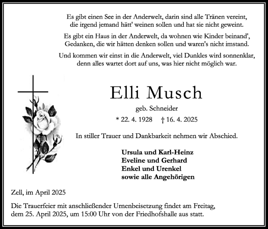 Traueranzeige von Elli Musch von Oberhessische Zeitung