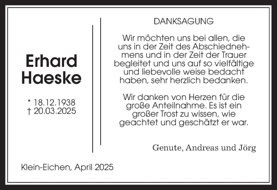 Traueranzeige von Erhard Haeske von Giessener Allgemeine, Alsfelder Allgemeine