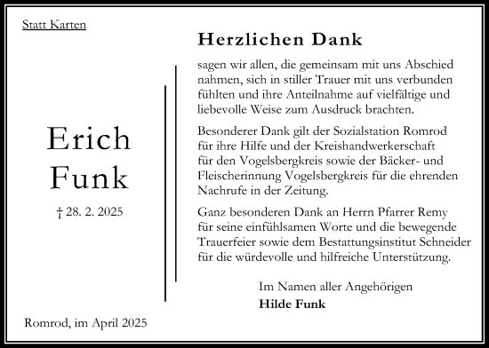Traueranzeige von Erich Funk von Oberhessische Zeitung