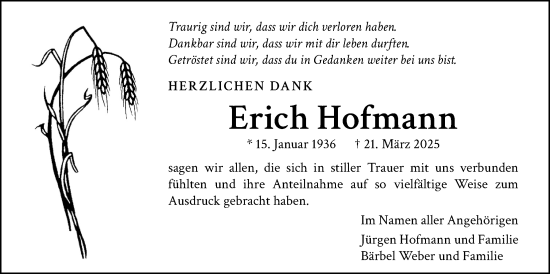 Traueranzeige von Erich Hofmann von Licher Wochenblatt