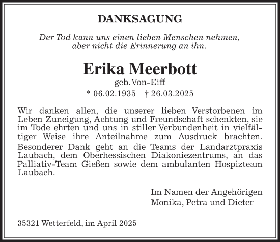 Traueranzeige von Erika Meerbott von Laubacher Anzeiger