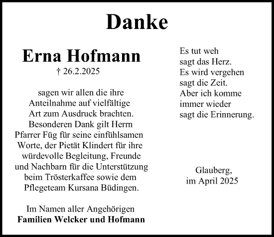 Traueranzeige von Erna Hofmann von Kreis-Anzeiger