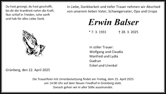 Traueranzeige von Erwin Balser von Alsfelder Allgemeine, Giessener Allgemeine