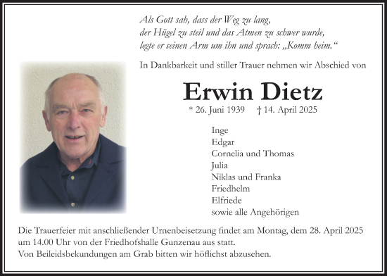Traueranzeige von Erwin Dietz von Lauterbacher Anzeiger