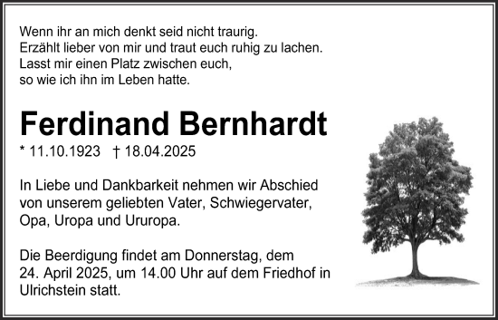 Traueranzeige von Ferdinand Bernhardt von Lauterbacher Anzeiger