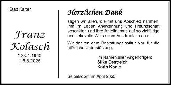Traueranzeige von Franz Kolasch von Oberhessische Zeitung