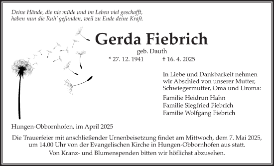 Traueranzeige von Gerda Fiebrich von Licher Wochenblatt