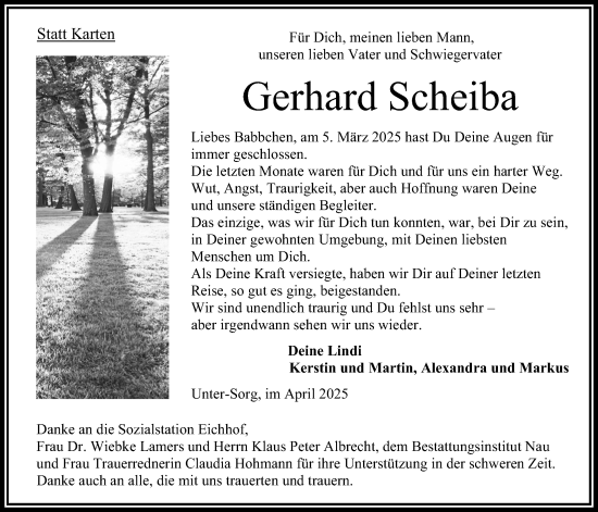 Traueranzeige von Gerhard Scheiba von Oberhessische Zeitung