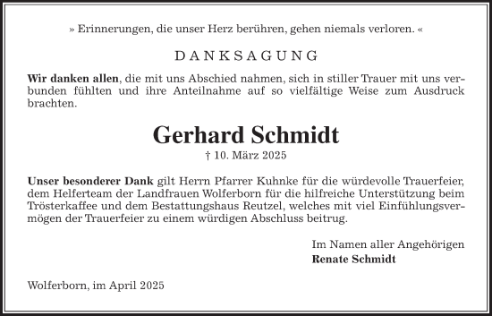 Traueranzeige von Gerhard Schmidt von Kreis-Anzeiger