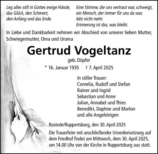 Traueranzeige von Gertrud Vogeltanz von Laubacher Anzeiger