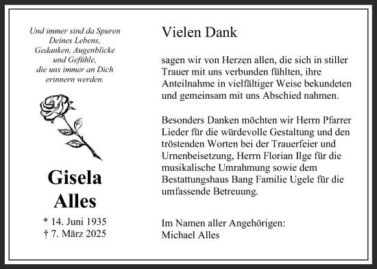 Traueranzeige von Gisela Alles von Butzbacher Zeitung