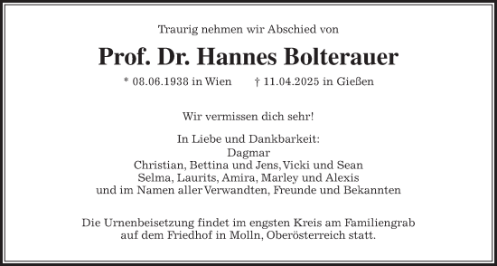 Traueranzeige von Hannes Bolterauer von Giessener Allgemeine, Alsfelder Allgemeine, Giessener Anzeiger, Giessener Allgemeine, Alsfelder Allgemeine, Giessener Anzeiger
